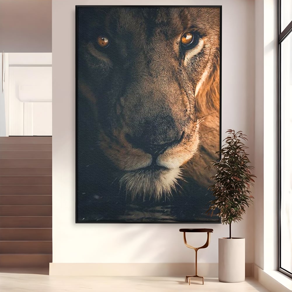 Tablou canvas cu tablou canvas cu prim-plan portret de leu, in rama de aluminiu negru
